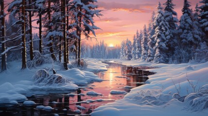 The light of the setting sun mirrored in the light of a small river in a forest in winter