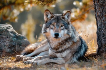 Obraz premium Intense Timber Wolf Canis lupus Sits Under Pine captive animal