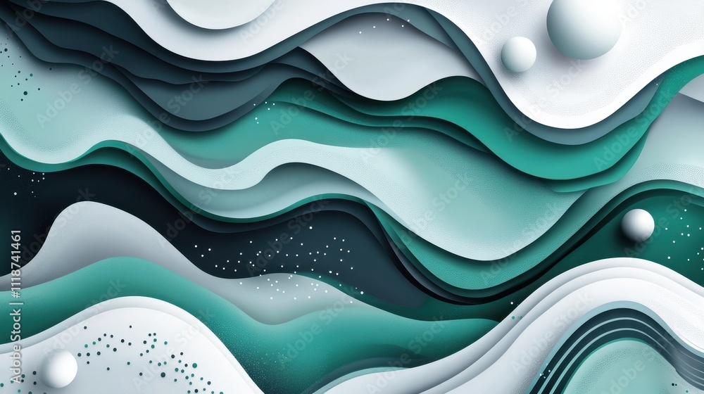 Poster abstract wavy design in teal and white with spherical elements, creating a modern aesthetic.