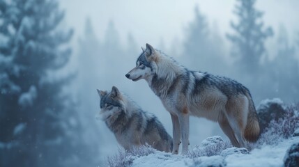 Fototapeta premium Two grey wolves standing in a snowy, foggy forest.