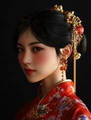 Beautiful Young Chinese Woman in Traditional Red Dress and Gold Headpiece Portrait Asian Culture Elegance Beauty Fashion Wedding