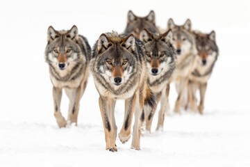pack of wolves canis lupus isolated on snow on a white background