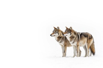 pack of wolves canis lupus isolated on snow on a white background