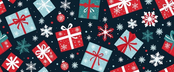 Fototapeta premium Festive pattern of red and blue gift boxes and snowflakes on a dark background.