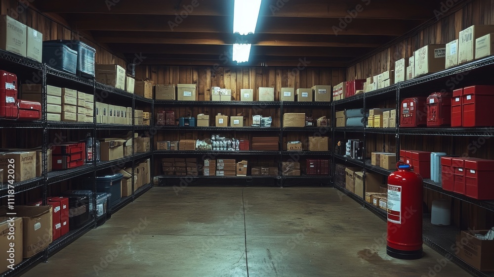 Aufkleber shelves filled with various boxes and containers are neatly arranged in a dimly lit storage space. a