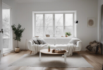 Cozy white sofa against window Scandinavian style home interior design of modern living room