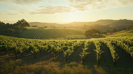 Naklejka premium Serene sunrise over rolling vineyard hills.