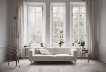 Cozy white sofa against window Scandinavian style home interior design of modern living room