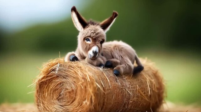 Tiny miniature donkey next to huge bale of straw