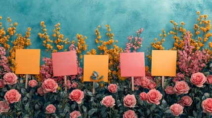 Bright pink and yellow blooms form a lively backdrop with blank signs ready for messages