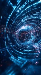 Digital background featuring swirling lines of code with holographic elements
