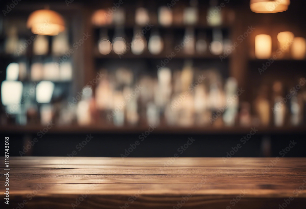 Poster empty wooden table rustic and blurred background of bar or pub for product display high quality phot