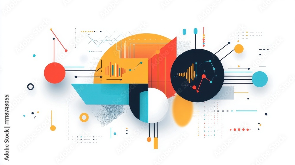 Aufkleber abstract graphic design featuring shapes, lines, and data visualizations.