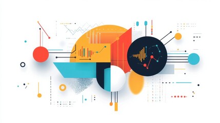 Abstract graphic design featuring shapes, lines, and data visualizations.