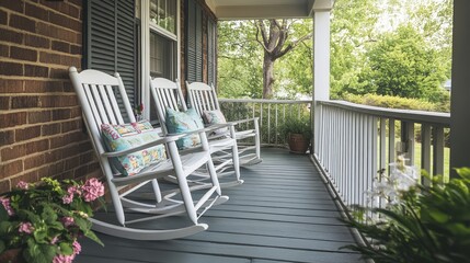 Three white rocking chairs on a porch.