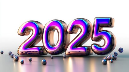 2025 New Year Metallic Iridescent Colorful Text with Scattered Glitter Decoration Happy New Year Banner Festive Background Celebration Design Holiday Greeting Card Futuristic Modern Trendy 3D Render