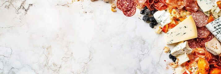 Selection of Cheese and Meat Appetizers on Elegant Marble Surface. Festive Charcuterie Display for Holiday Gatherings