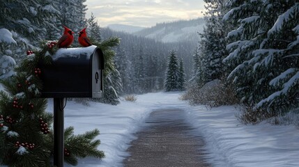 A black mailbox adorned with festive greenery and Christmas gifts sits amidst a snowy forest. Two red cardinals rest above, creating a tranquil winter atmosphere filled with soft light