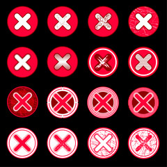 Set of red x icons with different textures and design options. there is no wrong character. delete, vote sign. graphic design element on black background