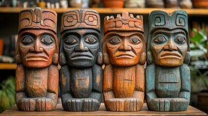 Craftsmen display carved wooden figures that highlight ancient culture and artistry