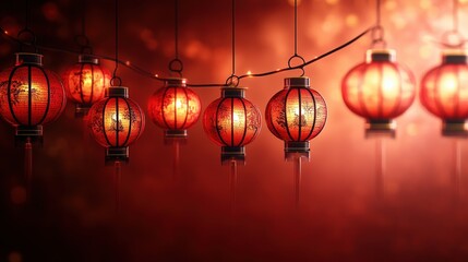 Traditional Chinese red lanterns glowing at night festive decorations for Chinese New Year celebrations Lunar New Year Spring Festival oriental culture Asian traditions warm ambiance red background