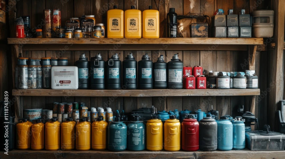 Poster a collection of colorful containers and tools is neatly arranged on wooden shelves inside a workshop