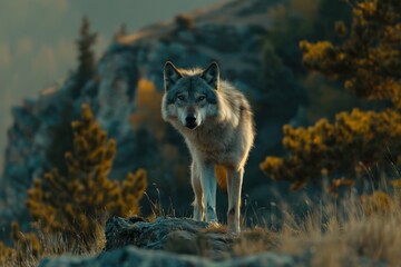 Fototapeta premium Timber wolf hunting in mountain wolf wolf