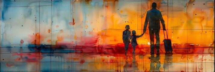 Modern watercolor wash of family walking through airport depicted with soft flowing colors that merge into one another symbolizing adventure and togetherness leaving room for messaging