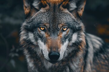 Fototapeta premium Close up portrait of menacing timber wolf with yellow eyes.