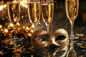 Golden Venetian Mask Champagne Flutes and Christmas Ornaments Festive New Years Eve Celebration Background with Golden Confetti and Sparkling Lights