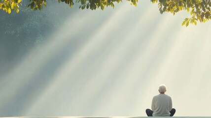 A person sitting peacefully in a lush green forest, surrounded by trees and sunlight filtering through the leaves