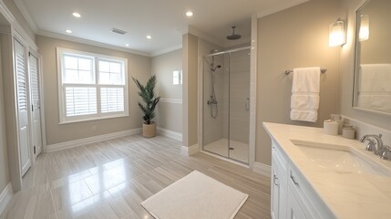 Bright, airy bathroom combines sleek design with a relaxing vibe and lush greenery