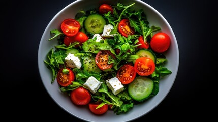 Bright and vibrant verdean salad featuring creamy feta, crisp cucumber slices, and juicy tomatoes served in a white bowl. Perfect for a healthy meal or side dish