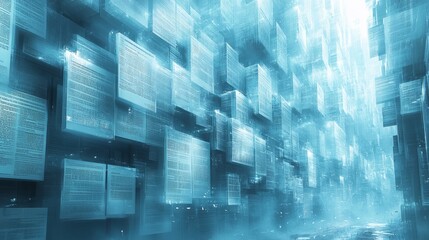 Floating pages fill this digital library with an ethereal, inspiring atmosphere for creativity