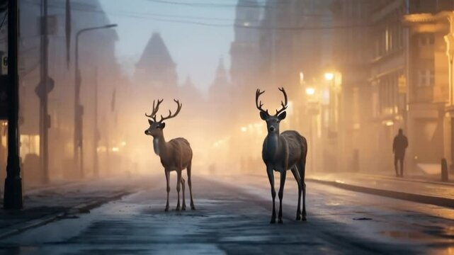 Reindeer on a foggy city street