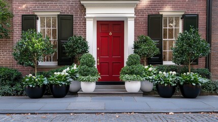 Fototapeta premium The red front door stands out against the old brick wall, framed by white columns with windows on both sides, showcasing classic architecture