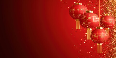 Chinese New Year background red lanterns gold glitter confetti decoration festive celebration holiday greeting card banner copy space traditional culture asia oriental ornament design template 3D
