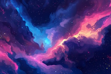 A vibrant cosmic scene depicting swirling nebulae in shades of pink, blue, and purple.