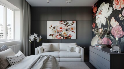 Modern minimalist bedroom with charcoal grey walls, white sofa, floral wallpaper, sleek dresser, and abstract wall art in contemporary penthouse