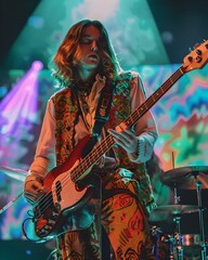 Obraz premium Nonbinary Musician Mesmerizing Crowd with Psychedelic Stage Performance