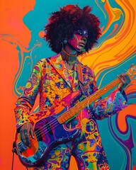 Nonbinary Musician in Psychedelic Concert Setting Exuding Passion and Skill