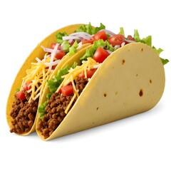 Two hard shell tacos filled with ground beef, lettuce, tomatoes, and shredded cheese