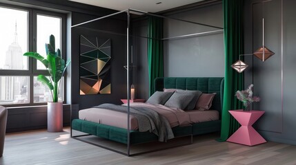 Modern minimalist bedroom with charcoal grey walls, emerald green canopy bed, deep pink side tableand geometric wall art in contemporary penthouse