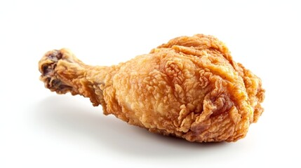 A single piece of crispy fried chicken drumstick on a white background.