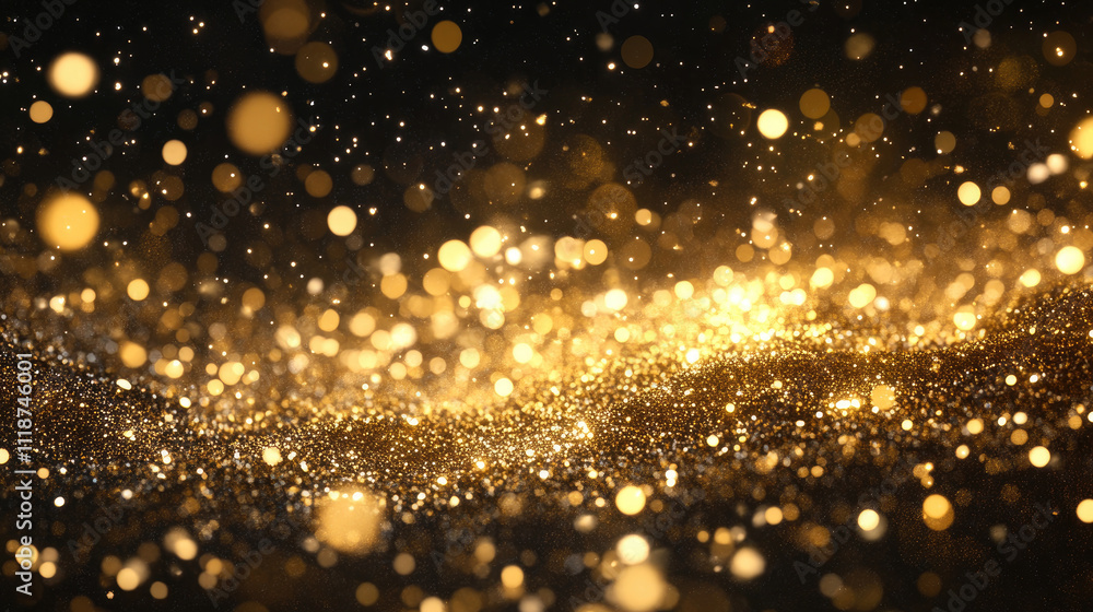 Poster a mesmerizing blur of shimmering golden particles against a dark backdrop, creating a magical, ether