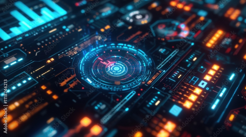 Poster futuristic glowing user interface featuring a rotating radar alongside dynamic digital charts, proce