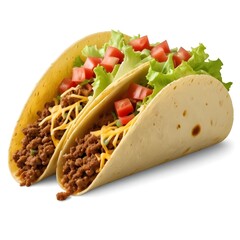 Two hard shell tacos filled with ground beef, lettuce, tomatoes, and shredded cheese
