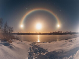 Sun halo with sun dogs in a wintry countryside