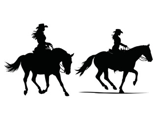 Beautiful woman Cowgirl riding a horse set with Lasso Silhouette Vector illustration 