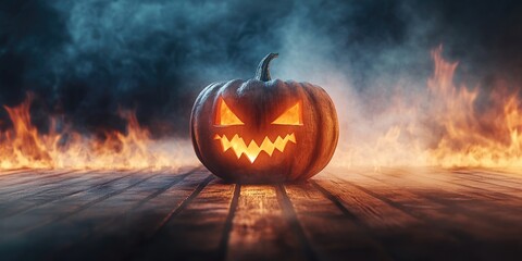 Mysterious Halloween Pumpkin Set Against Rustic Wooden Planks with Stripes, Flames, and Fog for an Eerie Autumn Atmosphere